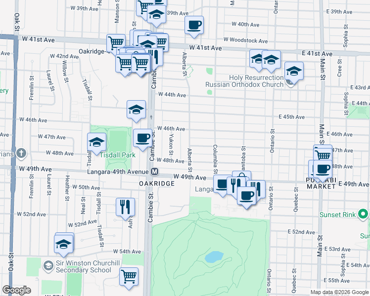 map of restaurants, bars, coffee shops, grocery stores, and more near 6309 Alberta Street in Vancouver