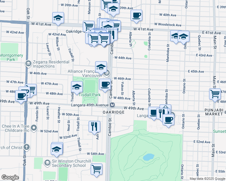 map of restaurants, bars, coffee shops, grocery stores, and more near 6322 Cambie Street in Vancouver