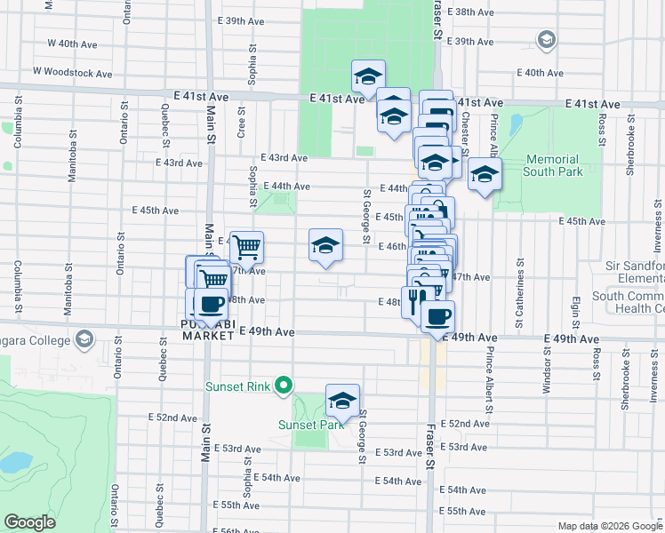 map of restaurants, bars, coffee shops, grocery stores, and more near 451 East 47th Avenue in Vancouver