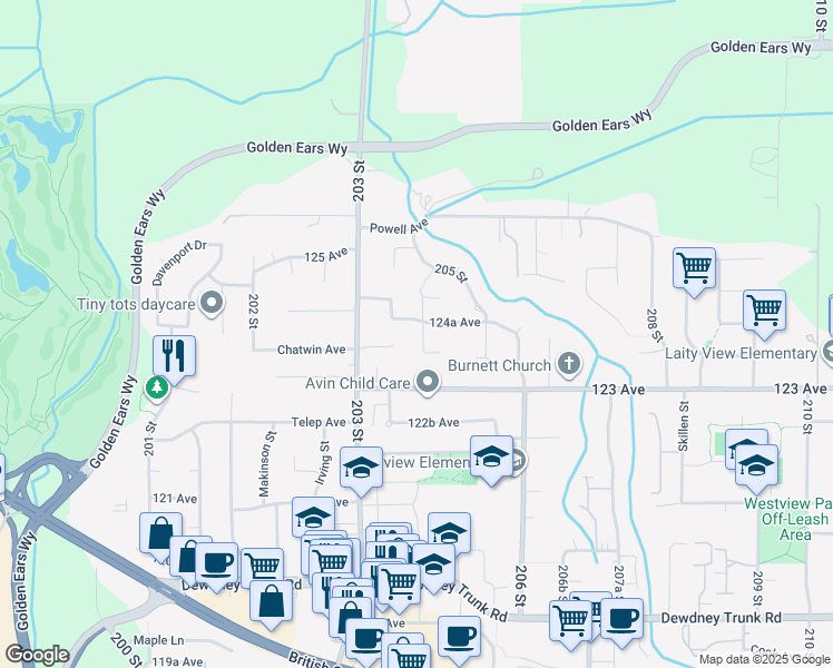 map of restaurants, bars, coffee shops, grocery stores, and more near 12409 204B Street in Maple Ridge
