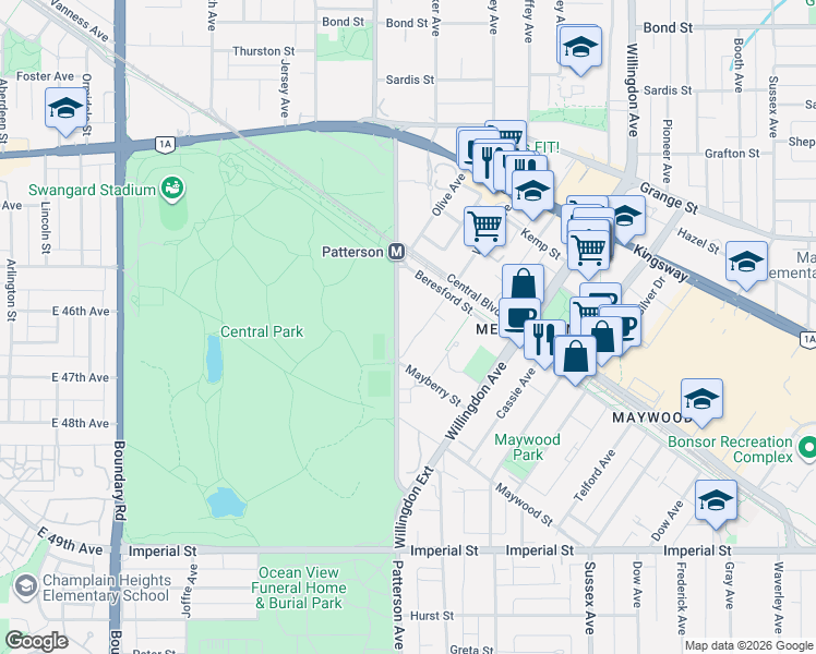 map of restaurants, bars, coffee shops, grocery stores, and more near 6188 Patterson Avenue in Burnaby
