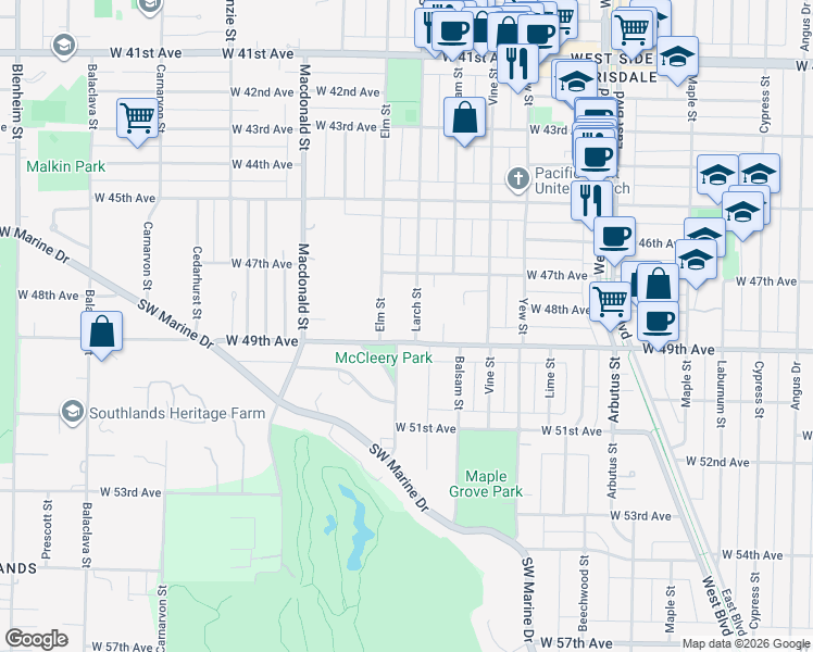 map of restaurants, bars, coffee shops, grocery stores, and more near 6467 Larch Street in Vancouver