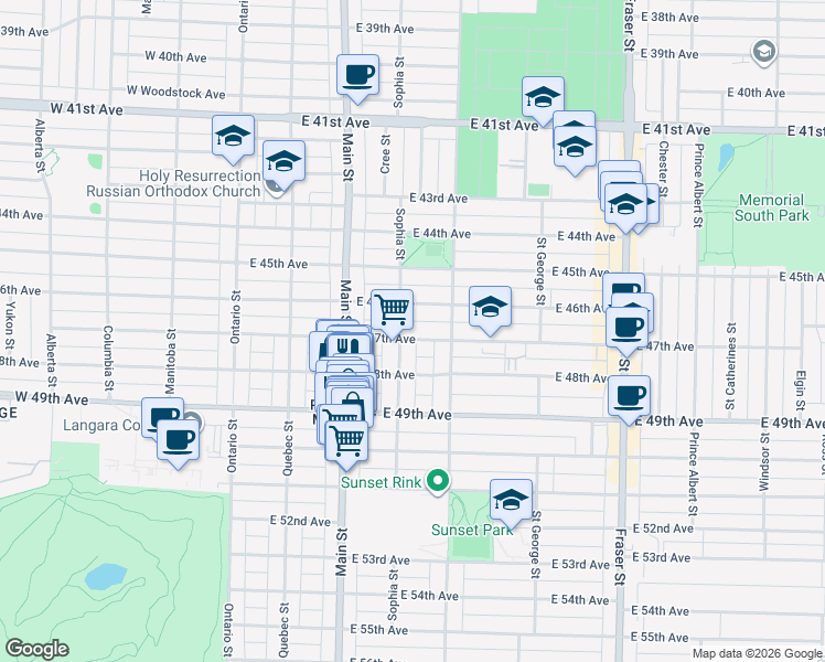 map of restaurants, bars, coffee shops, grocery stores, and more near 319 East 47th Avenue in Vancouver