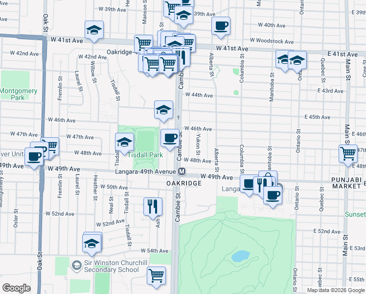 map of restaurants, bars, coffee shops, grocery stores, and more near 6322 Cambie Street in Vancouver