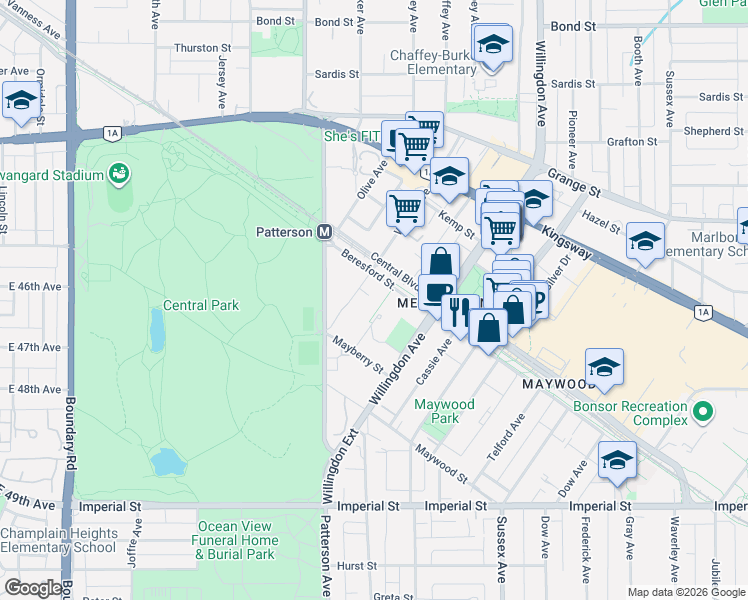 map of restaurants, bars, coffee shops, grocery stores, and more near 6168 Wilson Avenue in Burnaby
