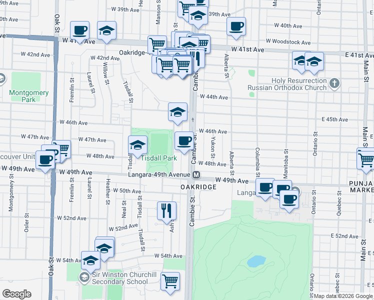 map of restaurants, bars, coffee shops, grocery stores, and more near 6311 Cambie Street in Vancouver