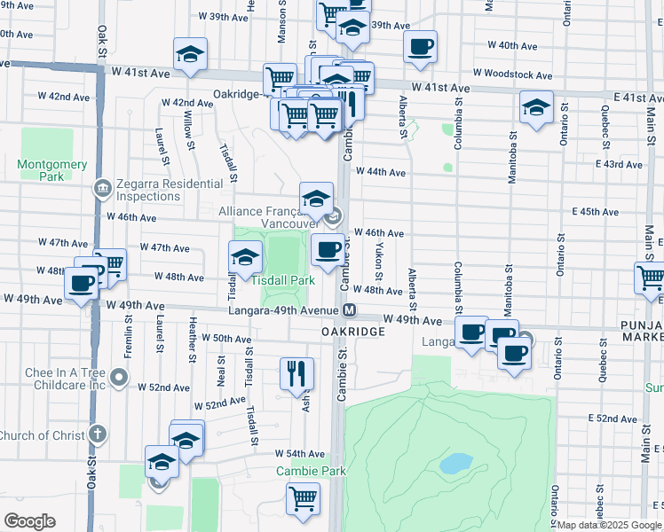 map of restaurants, bars, coffee shops, grocery stores, and more near 6311 Cambie Street in Vancouver
