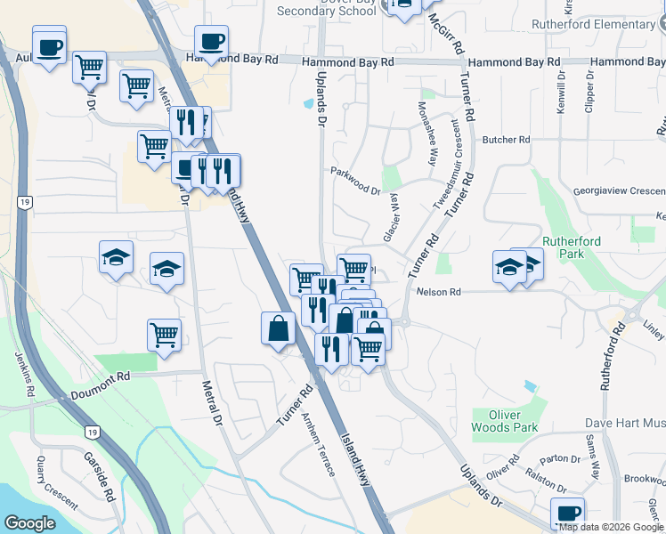 map of restaurants, bars, coffee shops, grocery stores, and more near 6196 Strathcona Place in Nanaimo