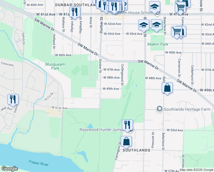 map of restaurants, bars, coffee shops, grocery stores, and more near 3575 West 49th Avenue in Vancouver