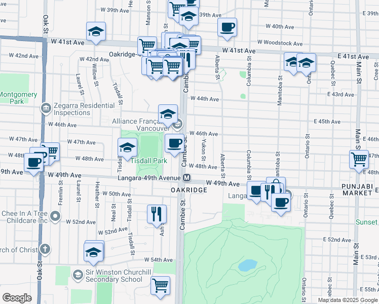 map of restaurants, bars, coffee shops, grocery stores, and more near 6318 Cambie Street in Vancouver