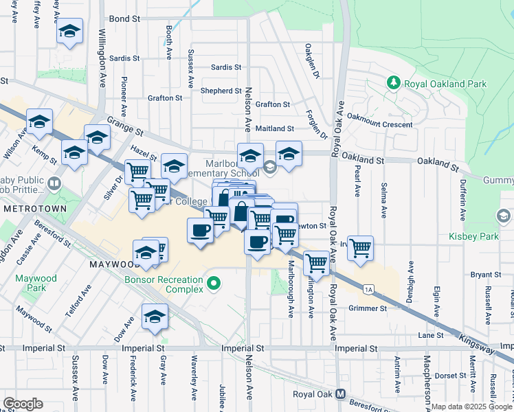 map of restaurants, bars, coffee shops, grocery stores, and more near 4960 Sanders Street in Burnaby