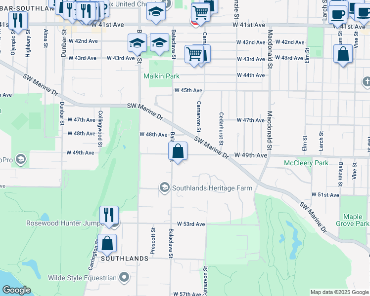 map of restaurants, bars, coffee shops, grocery stores, and more near 3149 West 49th Avenue in Vancouver