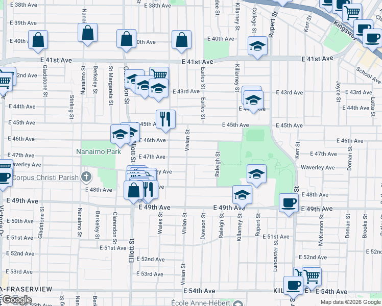 map of restaurants, bars, coffee shops, grocery stores, and more near 2739 East 47th Avenue in Vancouver
