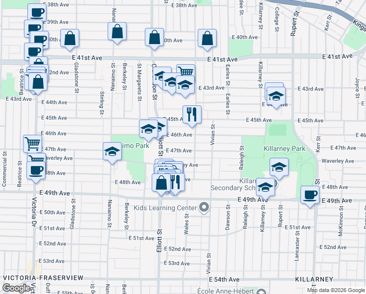 map of restaurants, bars, coffee shops, grocery stores, and more near 2667 East 47th Avenue in Vancouver