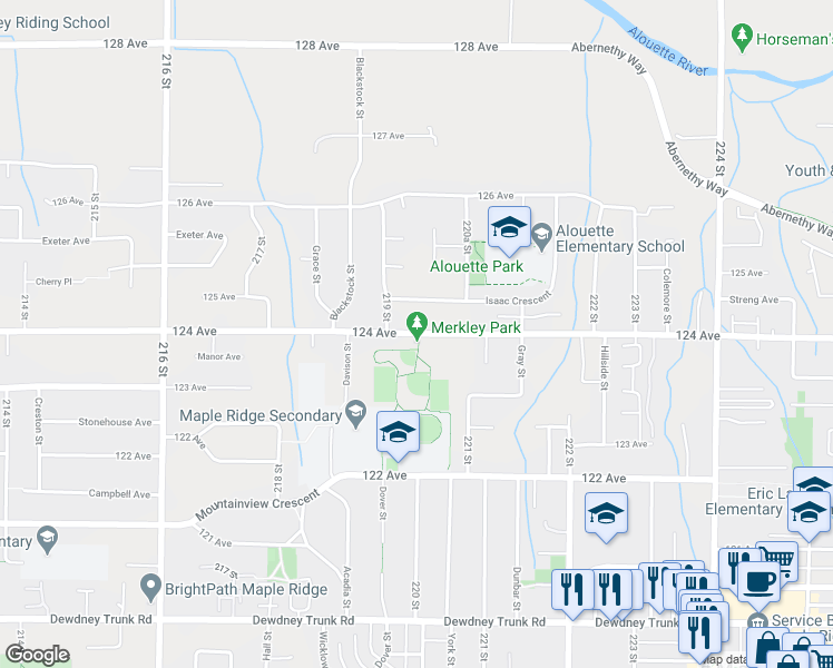map of restaurants, bars, coffee shops, grocery stores, and more near 22032 124 Avenue in Maple Ridge