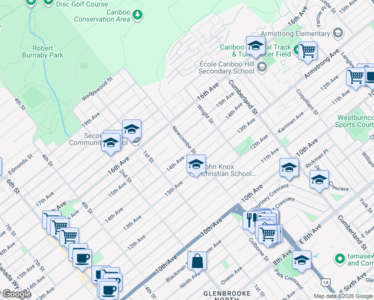 map of restaurants, bars, coffee shops, grocery stores, and more near 7643 Newcombe Street in Burnaby