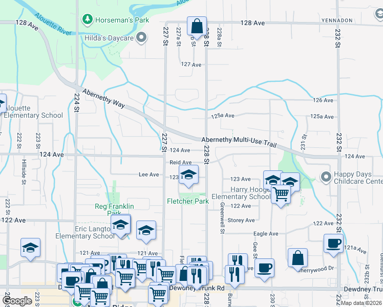 map of restaurants, bars, coffee shops, grocery stores, and more near 22764 124 Avenue in Maple Ridge
