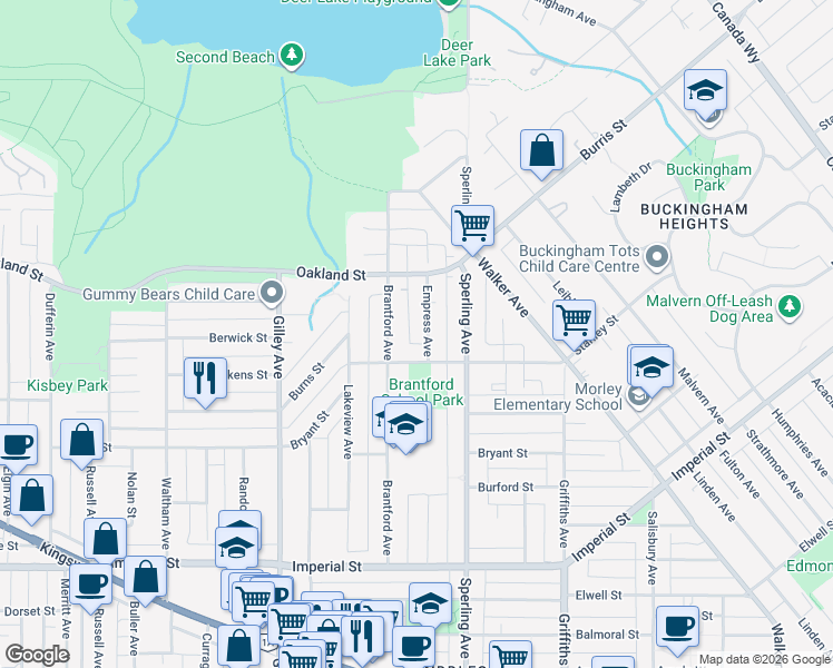 map of restaurants, bars, coffee shops, grocery stores, and more near 6235 Empress Avenue in Burnaby