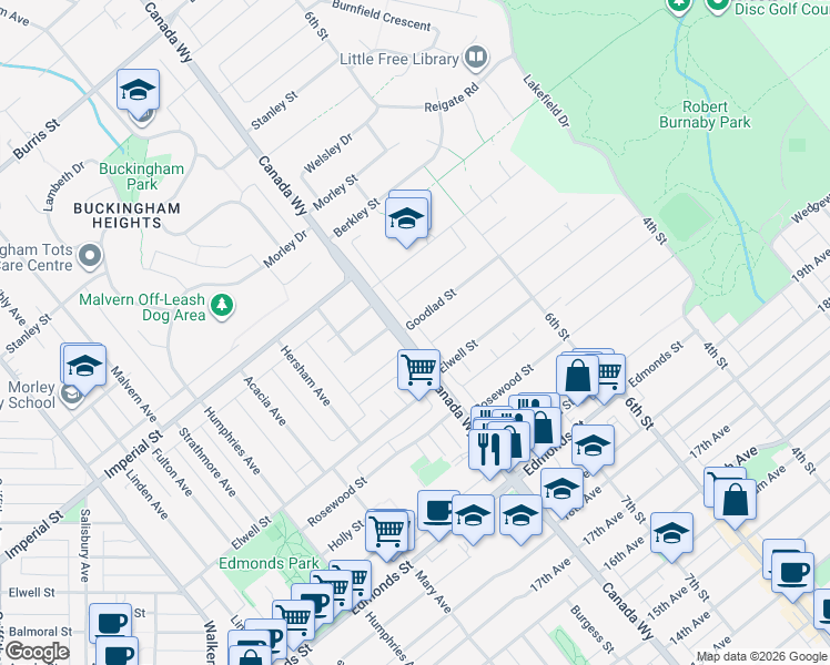 map of restaurants, bars, coffee shops, grocery stores, and more near 7724 Goodlad Street in Burnaby