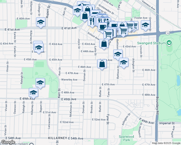 map of restaurants, bars, coffee shops, grocery stores, and more near 6181 Brooks Street in Vancouver