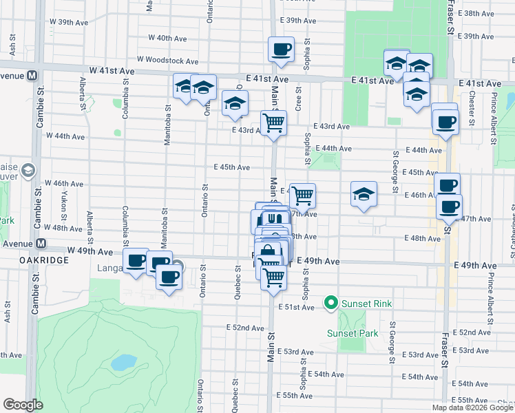 map of restaurants, bars, coffee shops, grocery stores, and more near 157 East 47th Avenue in Vancouver