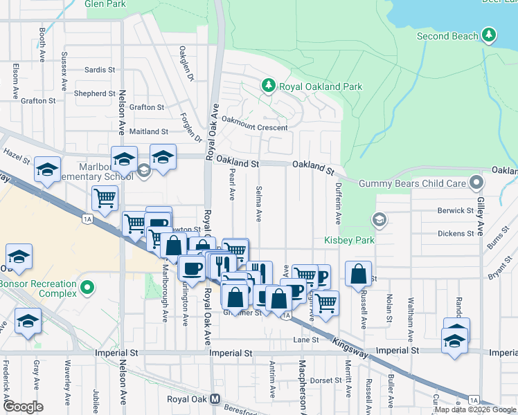 map of restaurants, bars, coffee shops, grocery stores, and more near Selma Avenue in Burnaby