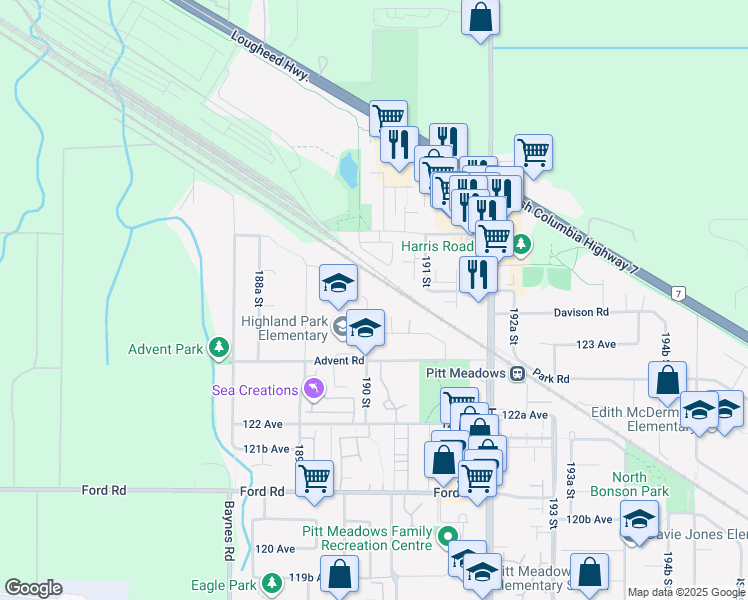 map of restaurants, bars, coffee shops, grocery stores, and more near 12388 Nikola Street in Pitt Meadows