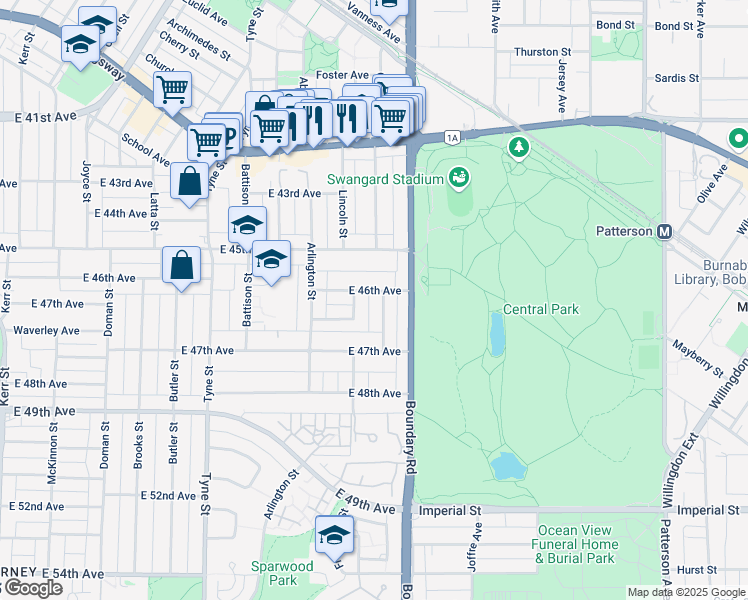 map of restaurants, bars, coffee shops, grocery stores, and more near 6205 Kirkland Street in Vancouver