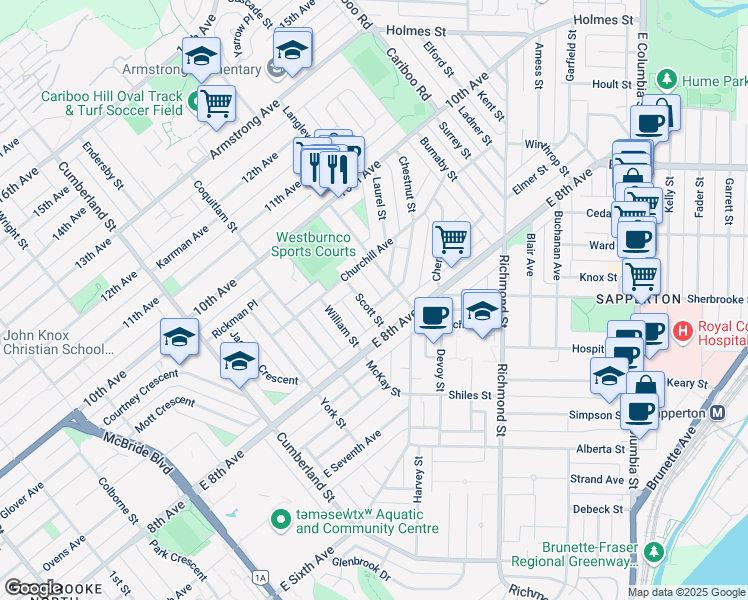 map of restaurants, bars, coffee shops, grocery stores, and more near 819 Scott Street in New Westminster