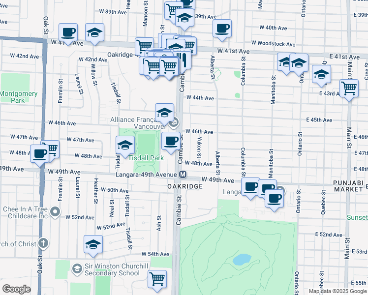 map of restaurants, bars, coffee shops, grocery stores, and more near 6288 Cambie Street in Vancouver