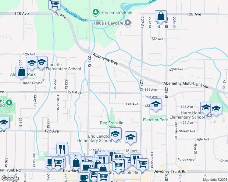 map of restaurants, bars, coffee shops, grocery stores, and more near 22505 124 Avenue in Maple Ridge
