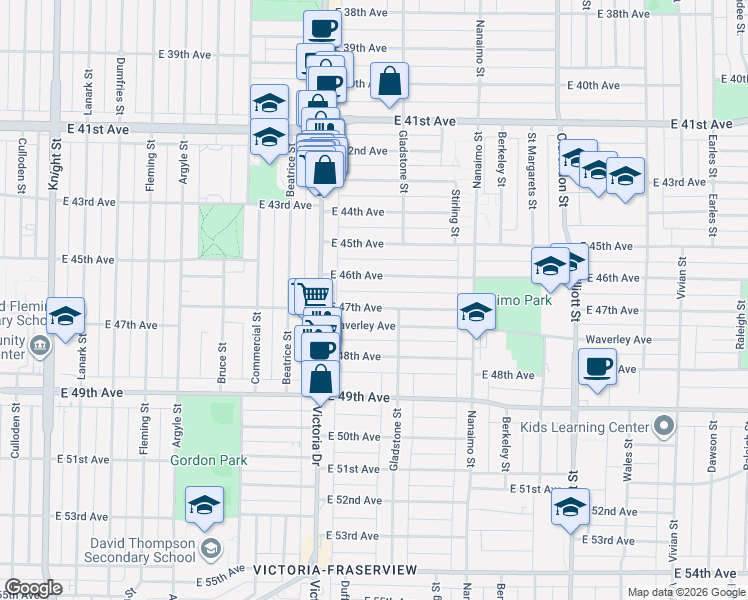 map of restaurants, bars, coffee shops, grocery stores, and more near 2119 East 47th Avenue in Vancouver