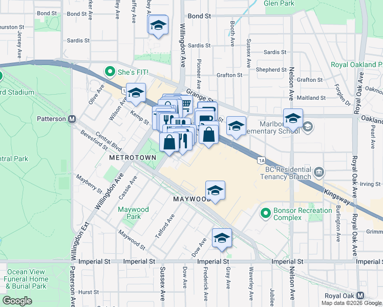 map of restaurants, bars, coffee shops, grocery stores, and more near 4670 Assembly Way in Burnaby