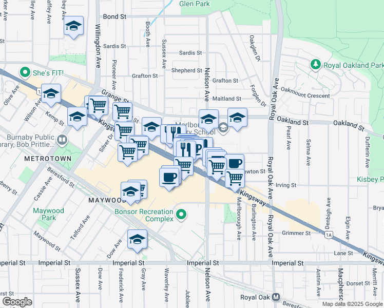 map of restaurants, bars, coffee shops, grocery stores, and more near 4848 Hazel Street in Burnaby