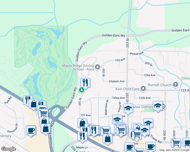 map of restaurants, bars, coffee shops, grocery stores, and more near 12391 Allison Street in Maple Ridge