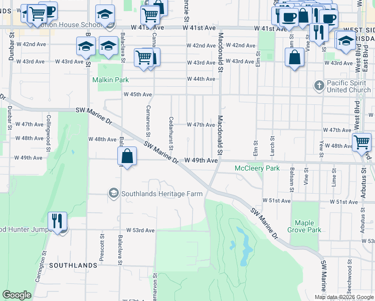 map of restaurants, bars, coffee shops, grocery stores, and more near Mackenzie Place in Vancouver