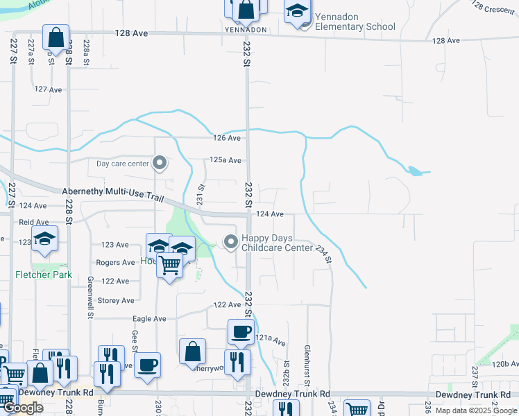 map of restaurants, bars, coffee shops, grocery stores, and more near 23225 124 Avenue in Maple Ridge