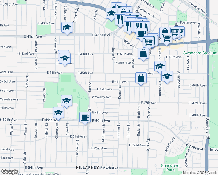 map of restaurants, bars, coffee shops, grocery stores, and more near 3195 East 47th Avenue in Vancouver