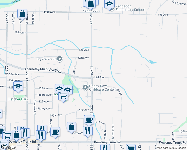 map of restaurants, bars, coffee shops, grocery stores, and more near 23201 124 Avenue in Maple Ridge
