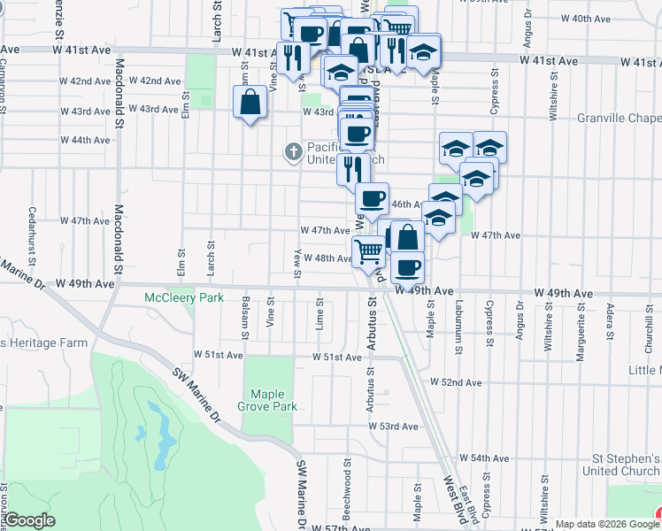 map of restaurants, bars, coffee shops, grocery stores, and more near 2138 West 48th Avenue in Vancouver