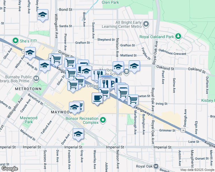 map of restaurants, bars, coffee shops, grocery stores, and more near 4808 Hazel Street in Burnaby