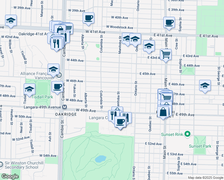 map of restaurants, bars, coffee shops, grocery stores, and more near 135 West 47th Avenue in Vancouver