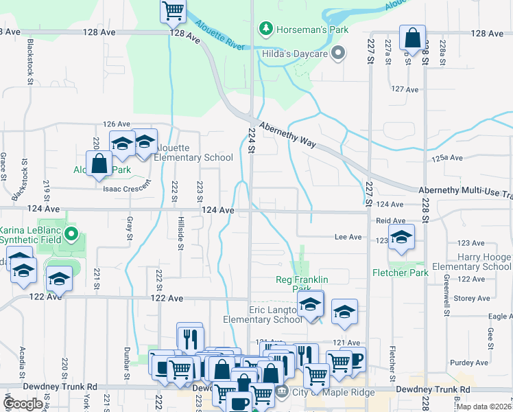 map of restaurants, bars, coffee shops, grocery stores, and more near 12440 224 Street in Maple Ridge