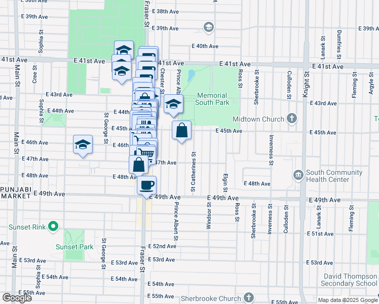 map of restaurants, bars, coffee shops, grocery stores, and more near 6239 Saint Catherines Street in Vancouver