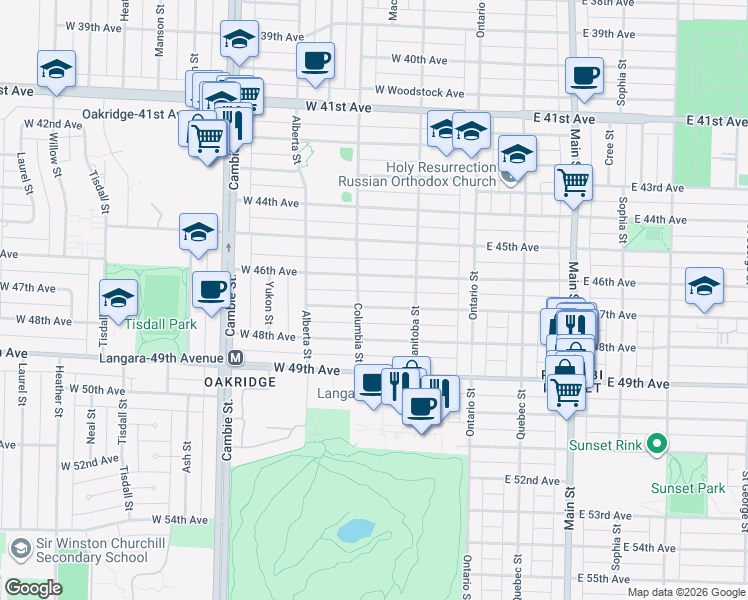 map of restaurants, bars, coffee shops, grocery stores, and more near 173 West 47th Avenue in Vancouver