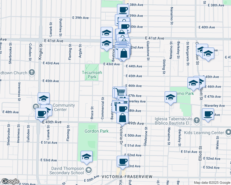 map of restaurants, bars, coffee shops, grocery stores, and more near 6182 Beatrice Street in Vancouver