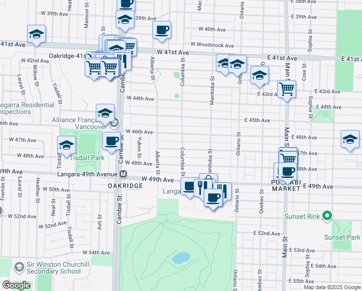 map of restaurants, bars, coffee shops, grocery stores, and more near 203 West 47th Avenue in Vancouver