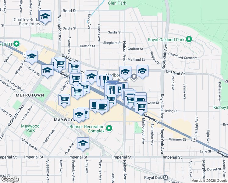 map of restaurants, bars, coffee shops, grocery stores, and more near 4818 Hazel Street in Burnaby