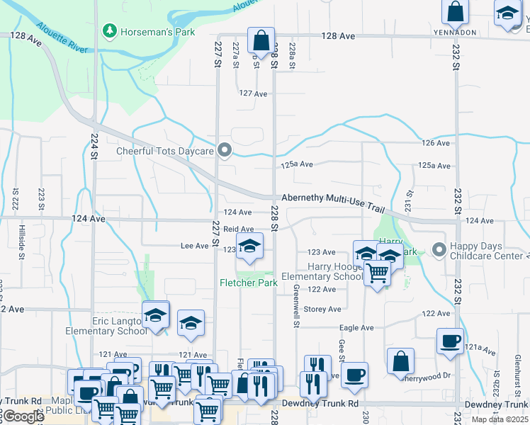 map of restaurants, bars, coffee shops, grocery stores, and more near 26780 124 Avenue in Maple Ridge