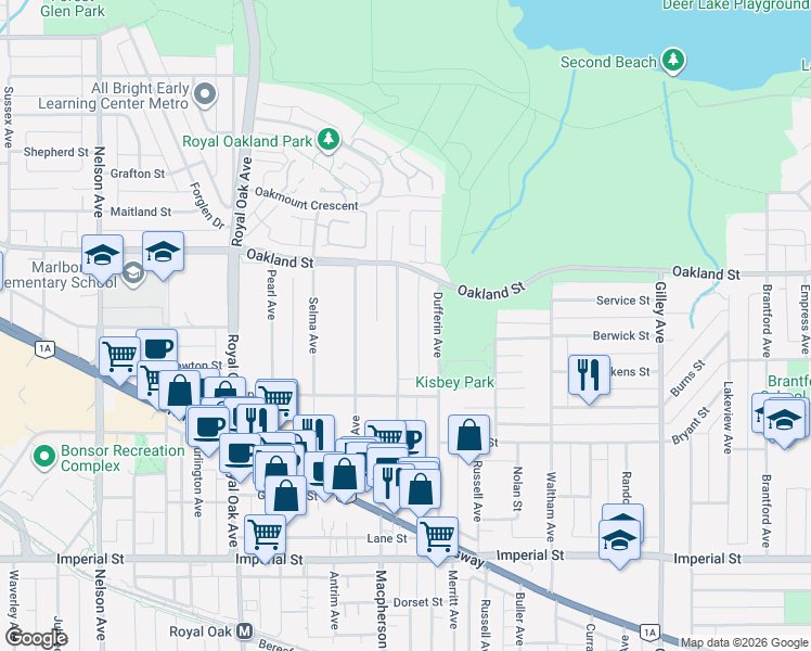 map of restaurants, bars, coffee shops, grocery stores, and more near 6176 Elgin Avenue in Burnaby